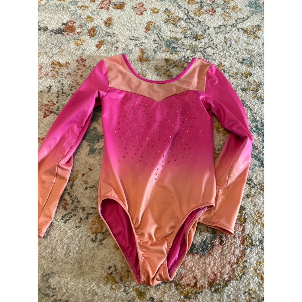More Than Magic Girls Pink Orange Ombre Rhinestone Heart Leotard Size L 10/12